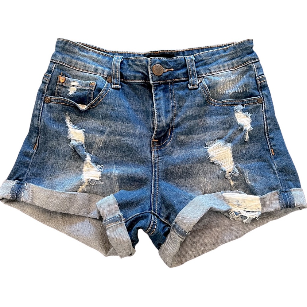NWOT Enjean Brand Distressed Denim Cuffed Hem Jean Shorts Size Small